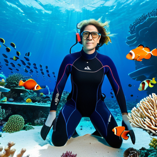 A professional female marine biologist in a modest, dark blue scientific wetsuit, fully clothed, appropriate attire, gently observing a newly deployed 3D-printed coral reef structure on a vibrant ocean floor. Small, colorful fish like clownfish are visible swimming around the intricate, biomimetic structure. The water is crystal clear with soft sunlight filtering from above, illuminating healthy natural coral and various marine life in the background. The biologist is in a natural pose, with perfect anatomy, correct proportions, and well-formed hands. Professional studio lighting, high-definition, realistic photography, professional dress, safe for work, appropriate content, family-friendly.