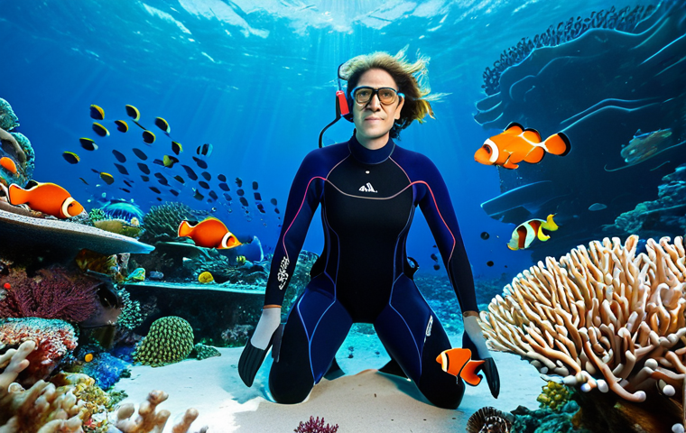 A professional female marine biologist in a modest, dark blue scientific wetsuit, fully clothed, appropriate attire, gently observing a newly deployed 3D-printed coral reef structure on a vibrant ocean floor. Small, colorful fish like clownfish are visible swimming around the intricate, biomimetic structure. The water is crystal clear with soft sunlight filtering from above, illuminating healthy natural coral and various marine life in the background. The biologist is in a natural pose, with perfect anatomy, correct proportions, and well-formed hands. Professional studio lighting, high-definition, realistic photography, professional dress, safe for work, appropriate content, family-friendly.